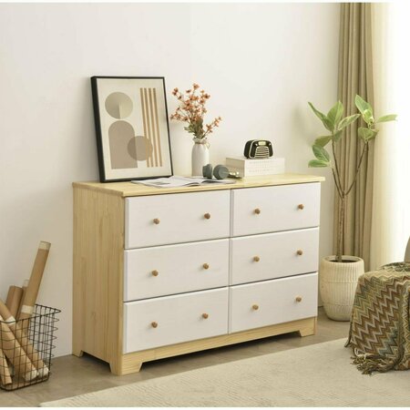 BETTER HOME PRODUCTS PINE-6D-DD-WHT-NAT Solid Pine Wood 6 Drawer Double Dresser, Natural & White PINE-6D-DD-WHT/NAT
